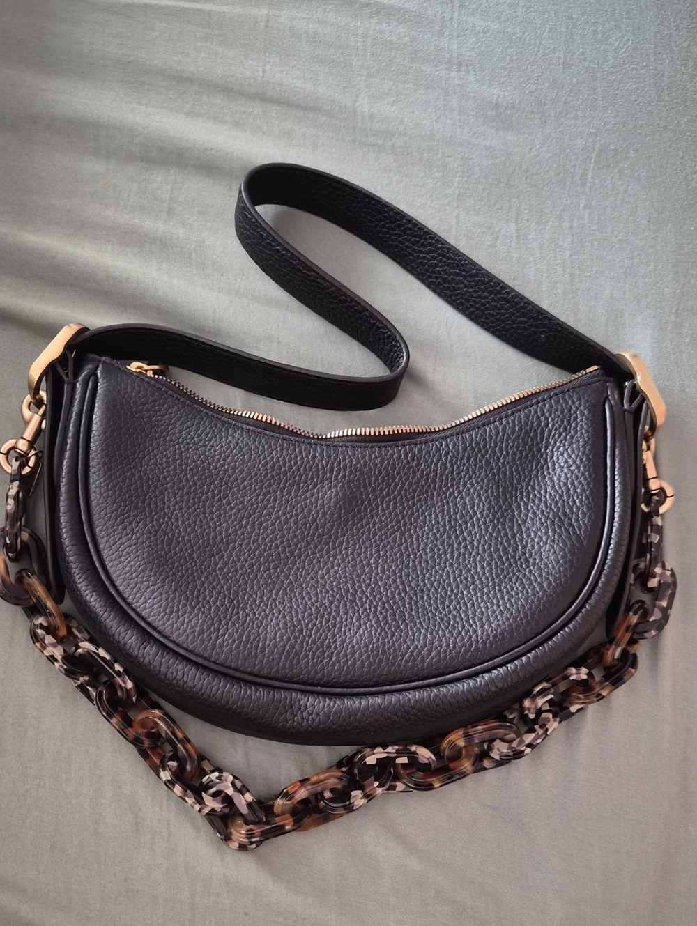 Quince Black Leather Half-Moon Shoulder Bag with Coach Tortoiseshell Chain
